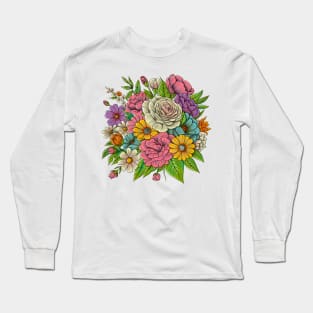 Roses and Colorful Flowers Pattern. Hand Drawn Floral Print Long Sleeve T-Shirt